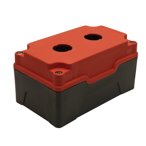 Red Push Button Box 2 Position 22mm Hole Size Counter Rotating Feature Isometric View