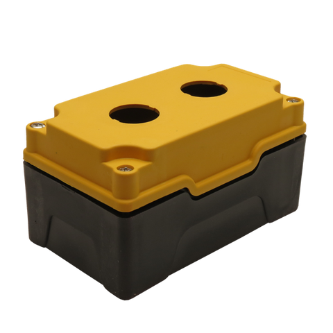 Yellow Push Button Box 2 Position 25mm Hole Size Counter Rotating Feature Isometric View