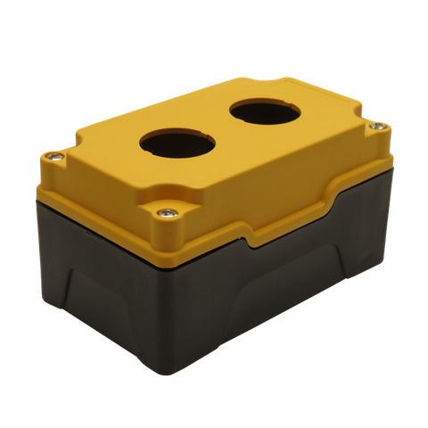 Yellow Push Button Box 2 Position 30mm Hole Size Counter Rotating Feature Isometric View