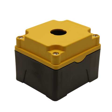 Yellow Push Button Box 1 Position 22mm Hole Size Counter Rotating Feature Isometric View