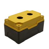 Yellow Push Button Box 2 Position 22mm Hole Size Counter Rotating Feature Isometric View