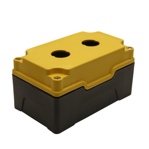 Yellow Push Button Box 2 Position 22mm Hole Size Counter Rotating Feature Isometric View