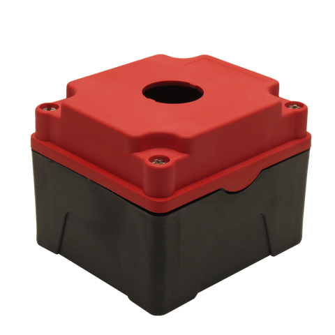 Red Push Button Box 1 Position 25mm Hole Size Counter Rotating Feature Isometric View