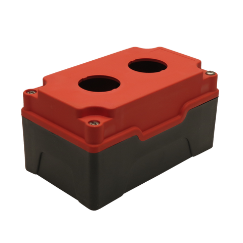 Red Push Button Box 2 Position 30mm Hole Size Counter Rotating Feature Isometric View
